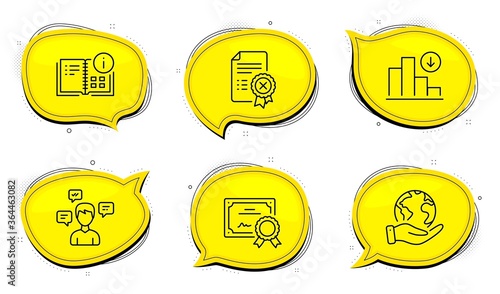 Conversation messages sign. Diploma certificate, save planet chat bubbles. Decreasing graph, Instruction info and Reject certificate line icons set. Crisis chart, Project, Decline file. Vector