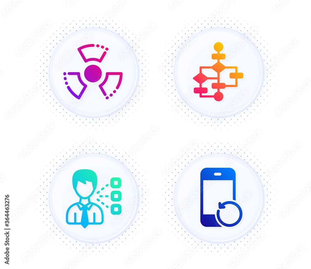 Third party, Chemical hazard and Block diagram icons simple set. Button with halftone dots. Recovery phone sign. Team leader, Toxic, Algorithm path. Backup smartphone. Technology set. Vector Third party, Chemical hazard and Block diagram icons simple set. Button with halftone dots. Recovery phone sign. Team leader, Toxic, Algorithm path. Backup smartphone. Technology set. Vector