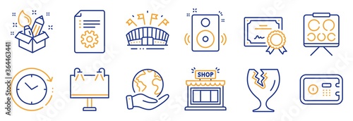 Set of Business icons, such as Speakers, Sports arena. Certificate, save planet. Vision board, Road banner, Technical documentation. Shop, Safe box, Fragile package. Vector