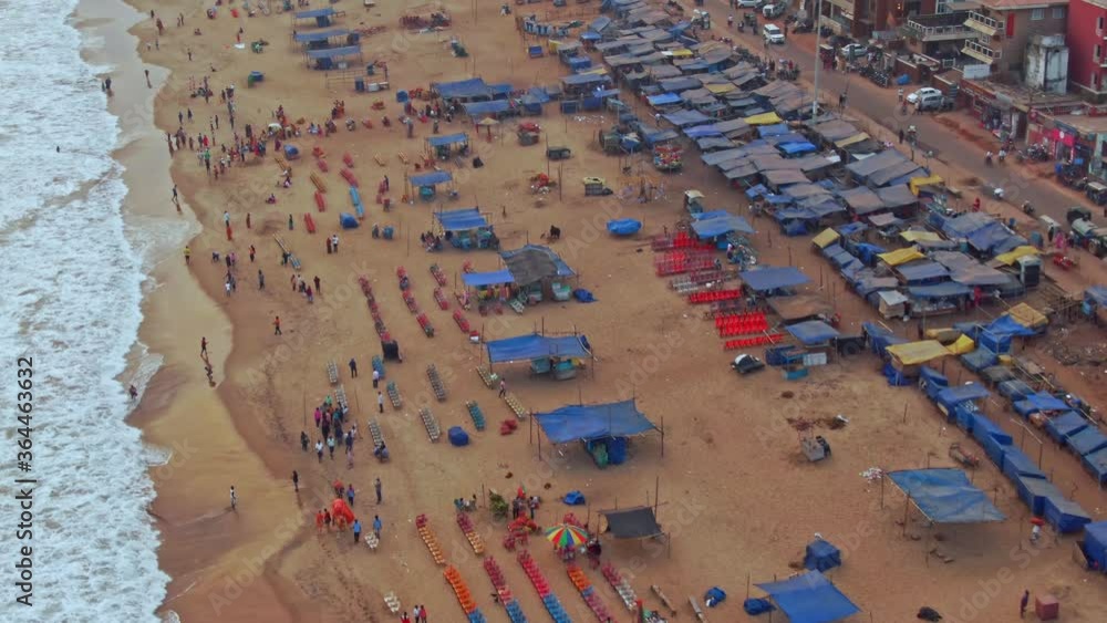 Aerial view of a crowded beach in India, Puri, Orissa. 4k Aerial view of a crowded beach in India, Puri, Orissa. 4k