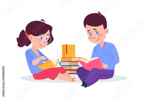 Kids reading books. Cartoon boy girl with book, children in library or lesson. Self education, brother and sister learn new vector illustration. Boy and girl education, children study with books