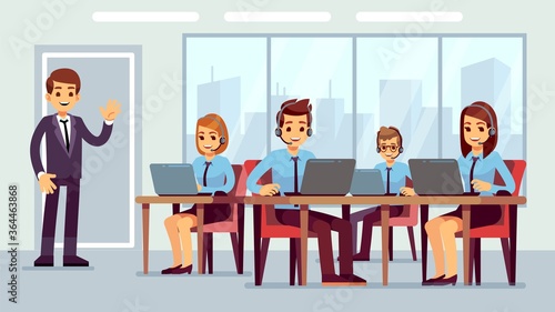 Call center office. Cute hotline managers, businessman or administrator character. Customer service, online calling line. Press agents in headphone vector illustration. Support hotline service office