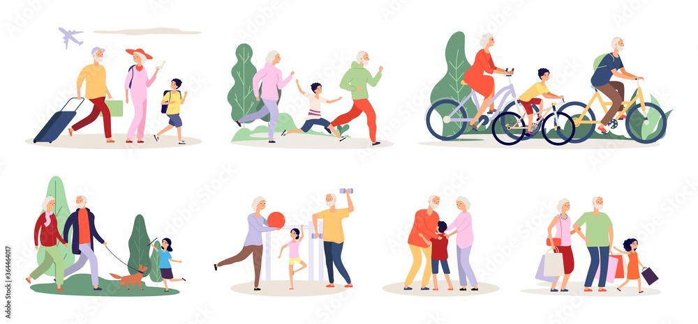 Grandparents and grandchildren. Old people activity with boy girl. Travel  ride bicycle doing sport exercices vector illustration. Grandchildren and  grandparent together, cartoon active time Stock Vector | Adobe Stock