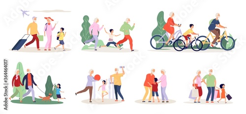 Grandparents and grandchildren. Old people activity with boy girl. Travel ride bicycle doing sport exercices vector illustration. Grandchildren and grandparent together, cartoon active time