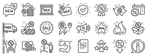 Set of Shopping, Sale and New icons. Discount line icons. Free delivery, Flight sale and Black friday discount. Hot offer, Airplane and new store. Online shopping. Black friday clearance. Vector