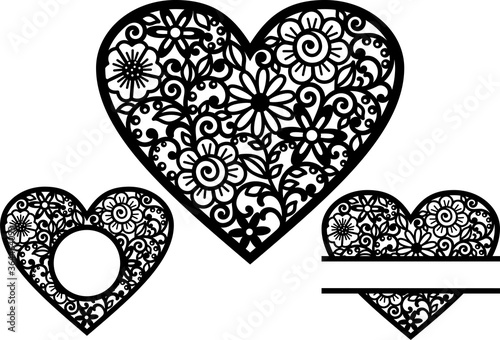 Floral Heart Zentangle Mandala  Paper Cut Template Vector, Laser  CNC Plasma