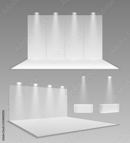 Realistic empty stands. 3d event exhibition panel mockup, modern blank expo wall. Blank showroom construction. White interior for trade vector illustration. Empty presentation showroom with screen