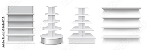 Supermarket stand. Selling displays, store shelf for products. Realistic rack mockup, 3d empty front exhibition or shop equipment. Market showcases vector illustration. Market mock up shelving