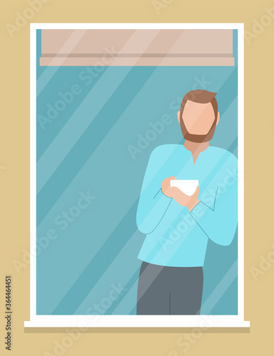 Bearded man drinks coffee and looks out the window. View from the outside of the house. Flat design. Vector illustration.