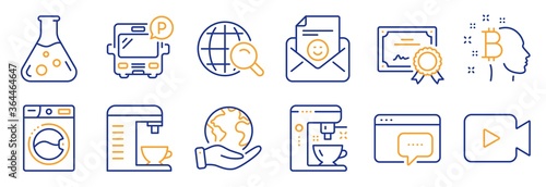 Set of Technology icons, such as Video camera, Washing machine. Certificate, save planet. Smile, Coffee maker, Internet search. Seo message, Bitcoin think, Coffee machine. Vector