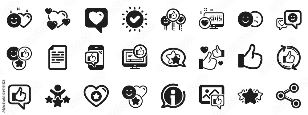 Set - Share network, Social links and Rating icons. Social media icons. Heart, Feedback smile emotion and internet media. Share network, like icon, video content rating and dislike. Vector Set - Share network, Social links and Rating icons. Social media icons. Heart, Feedback smile emotion and internet media. Share network, like icon, video content rating and dislike. Vector