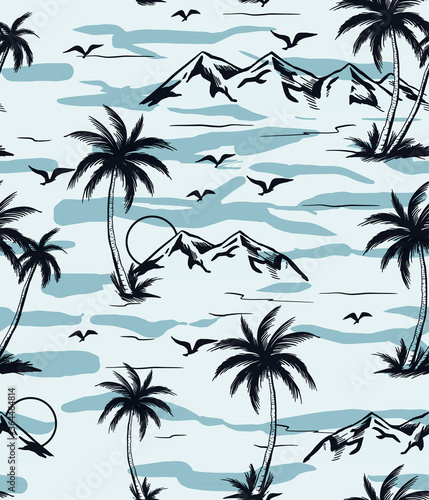 Tropical island vector hand drawing style illustrations, seamless pattern.