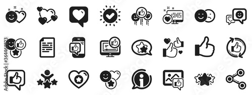 Set - Share network, Social links and Rating icons. Social media icons. Heart, Feedback smile emotion and internet media. Share network, like icon, video content rating and dislike. Vector