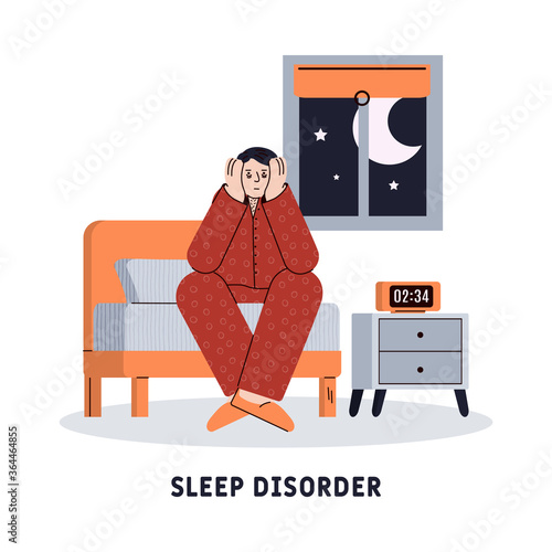 Sleep disorder concept with insomniac man cartoon character sitting in bed, cartoon vector illustration isolated on white background. Man trying to fall asleep.