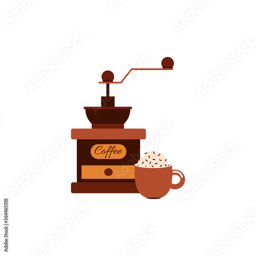 Vintage coffee beans grinder and cup of hot drink cartoon vector illustration isolated on white background. Design for coffee shop and restaurant menu cards.