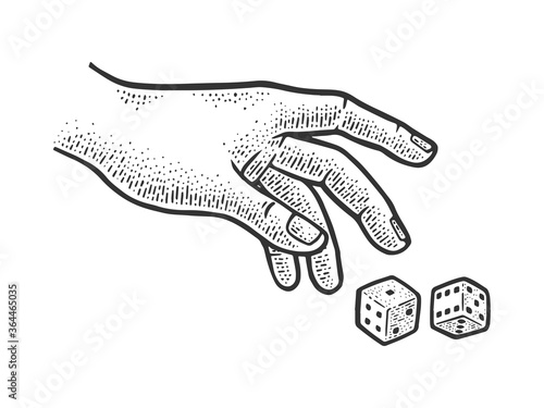 hand rolls dice sketch engraving vector illustration. T-shirt apparel print design. Scratch board imitation. Black and white hand drawn image.