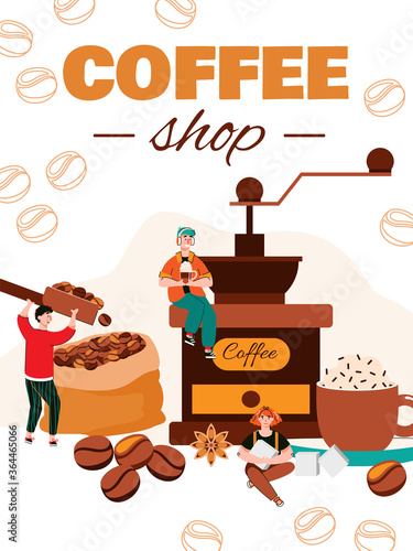 Coffee shop banner or poster template with coffee bean grinder and tiny people cartoon characters, flat vector illustration isolated on white background.