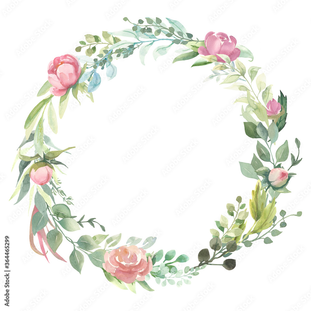 Pre made  collection, frame - cards with pink flower bouquets, leaf branches. Wedding ornament concept. Floral poster, invite. 