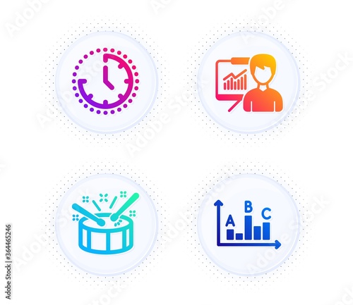 Time, Drums and Presentation icons simple set. Button with halftone dots. Survey results sign. Clock, Drumsticks, Education board. Best answer. Education set. Gradient flat time icon. Vector