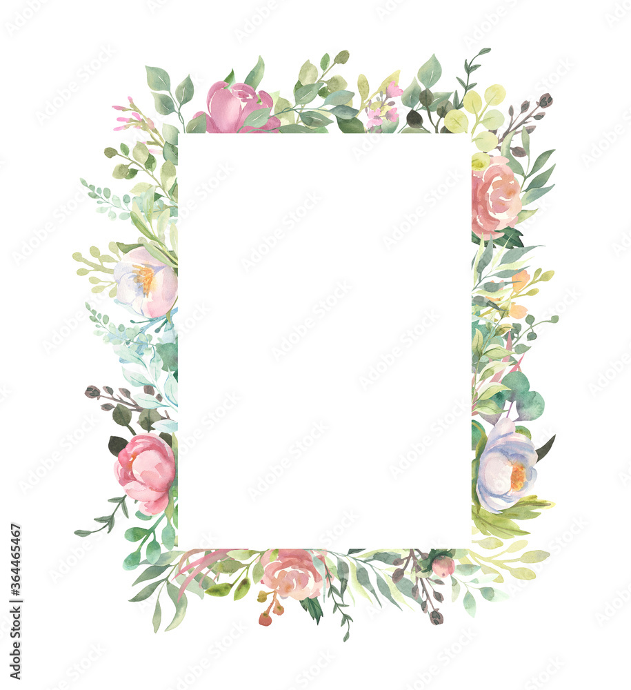 Pre made  collection, frame - cards with pink flower bouquets, leaf branches. Wedding ornament concept. Floral poster, invite. 