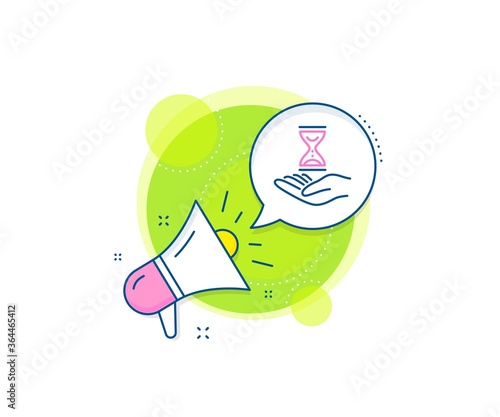 Sand watch sign. Megaphone promotion complex icon. Time hourglass in hand line icon. Business marketing banner. Time hourglass sign. Vector