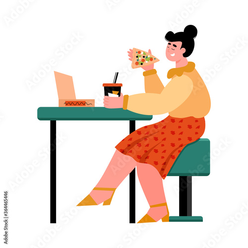 Happy girl eating pizza in cafe - cartoon woman with takeout food and drink sitting behind table and smiling. Isolated vector illustration on white background.