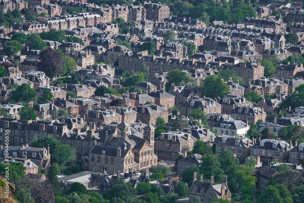Aerial view of a beautiful neighbourhood in Edinburgh, with its traditional old buildings