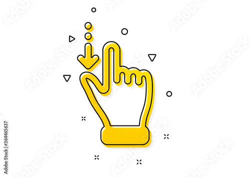 Slide down arrow sign. Touchscreen gesture icon. Swipe action symbol. Yellow circles pattern. Classic touchscreen gesture icon. Geometric elements. Vector