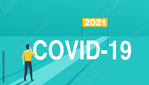 2021 expectation given the fact of COVID-19 pandemic concept - confused man stands at obstacle and look at next year banner - vector illustration