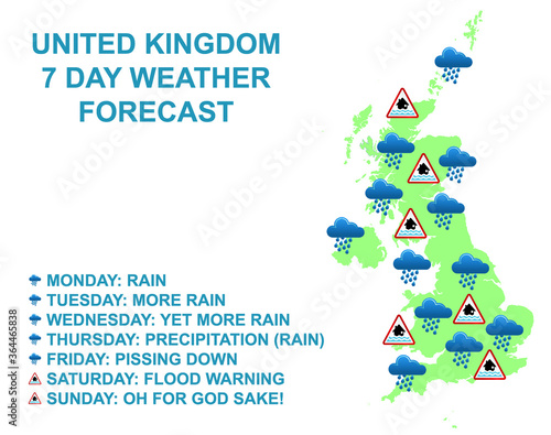 Comical United Kingdom seven day weather forecasts with rain all week isolated on white background