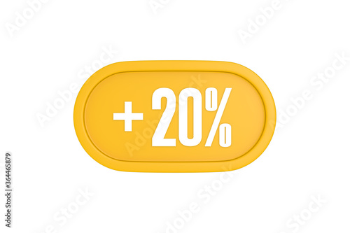 20 Percent increase 3d sign in yellow isolated on white background, 3d illustration.