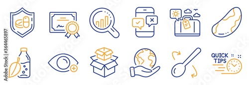 Set of Business icons, such as Seo analysis, Phone survey. Certificate, save planet. Brazil nut, Water bottle, Packing boxes. Medical tablet, Farsightedness, Cooking spoon. Vector