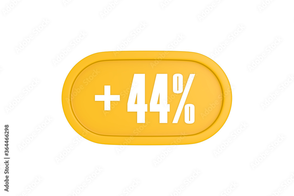 44 Percent increase 3d sign in yellow isolated on white background, 3d illustration.