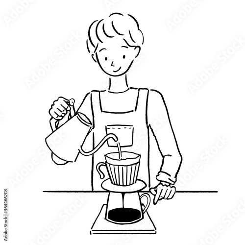 コーヒーを入れる男性のイラスト・シンプルで優しい手描きタッチモノクロ素材
