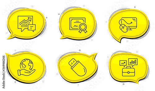 Accounting sign. Diploma certificate, save planet chat bubbles. Usb stick, Computer mouse and Business portfolio line icons set. Memory flash, Pc component, Job interview. Supply and demand. Vector