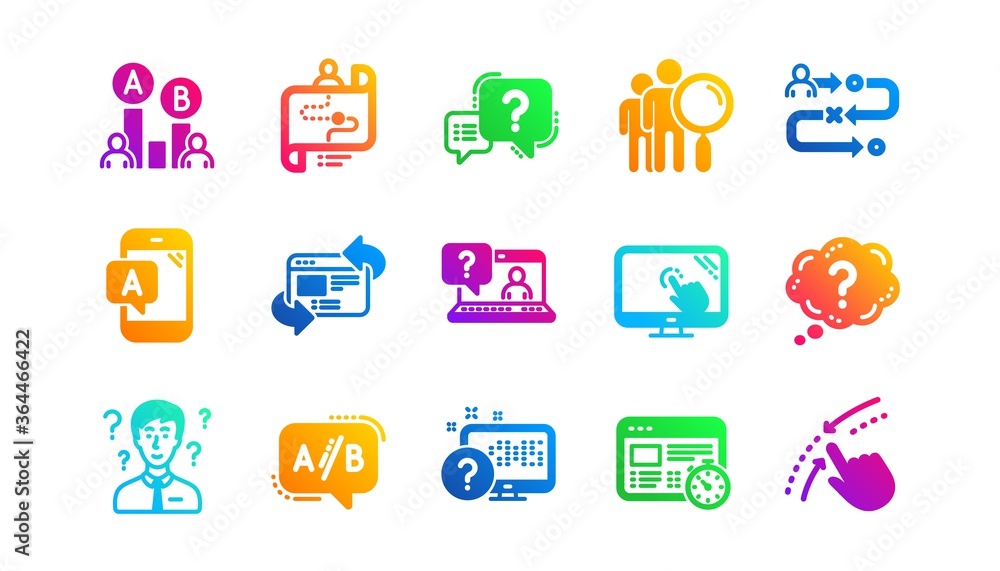 AB testing, Journey path map and Question mark. UX icons. Quiz test ...
