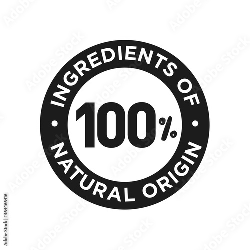 100% ingredients of natural origin icon. Round symbol for food, cosmetic and personal care products.