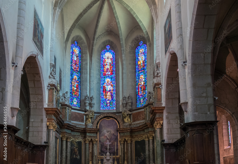 Stained glass windows of Eglise Notre Dame de Liesse. Annecy, Haute-Savoie, France
