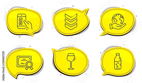 Water bottle sign. Diploma certificate, save planet chat bubbles. Bordeaux glass, Mobile survey and Shoulder strap line icons set. Wine glass, Phone quiz test, Army rank. Soda drink. Vector