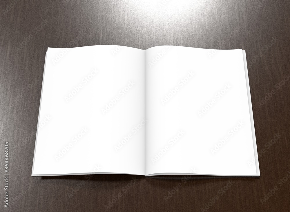 Open soft-cover book on a wooden table. 3D rendering. Open soft-cover book on a wooden table. 3D rendering.