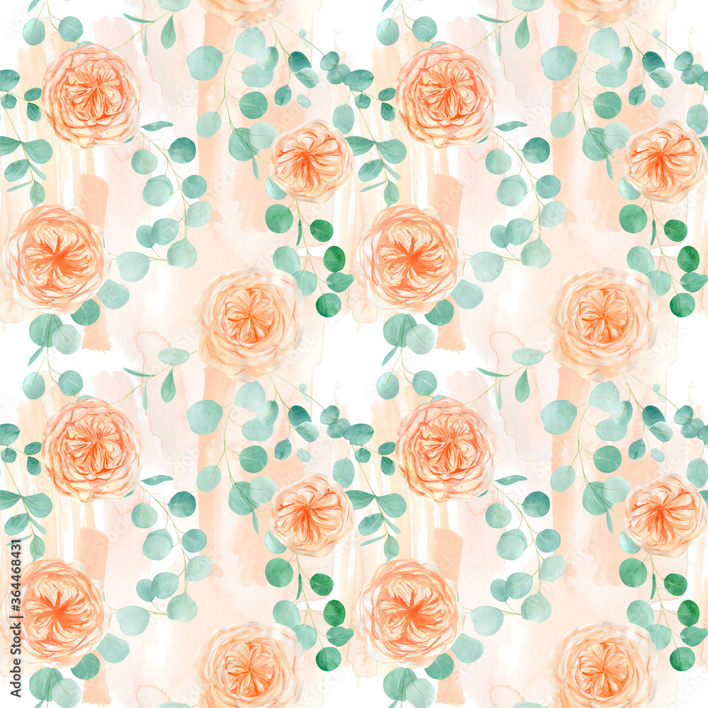 Naklejka premium Seamless Pattern with Peach and Orange with English Rose Austin Flower and Eucalyptus Background and Eucalyptus