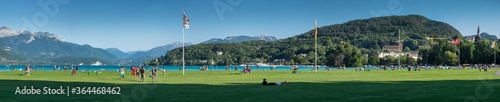 Very large panoramic view of  Annecy lake embankment. Haute-Savoie, France