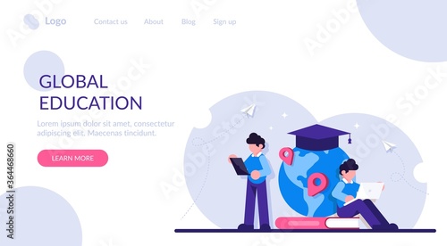 Concept of global education. Boy standing in front of books and globe with cap. Study abroad, international student exchange program. Modern flat illustration.