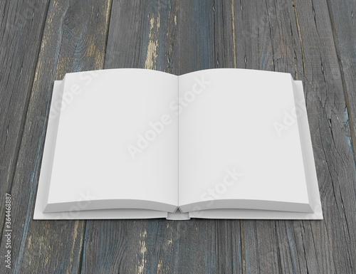Empty open hardcover book. 3D rendering.