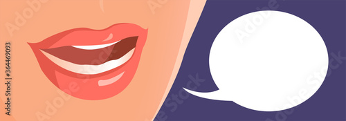 Female mouth is talking. Empty cloud for any text. Closeup banner illustration. Comic book style.