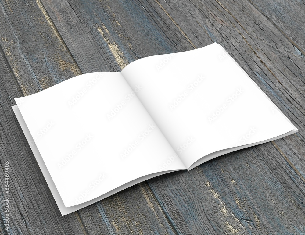 Fototapeta premium Open soft-cover book on a wooden table. 3D rendering.