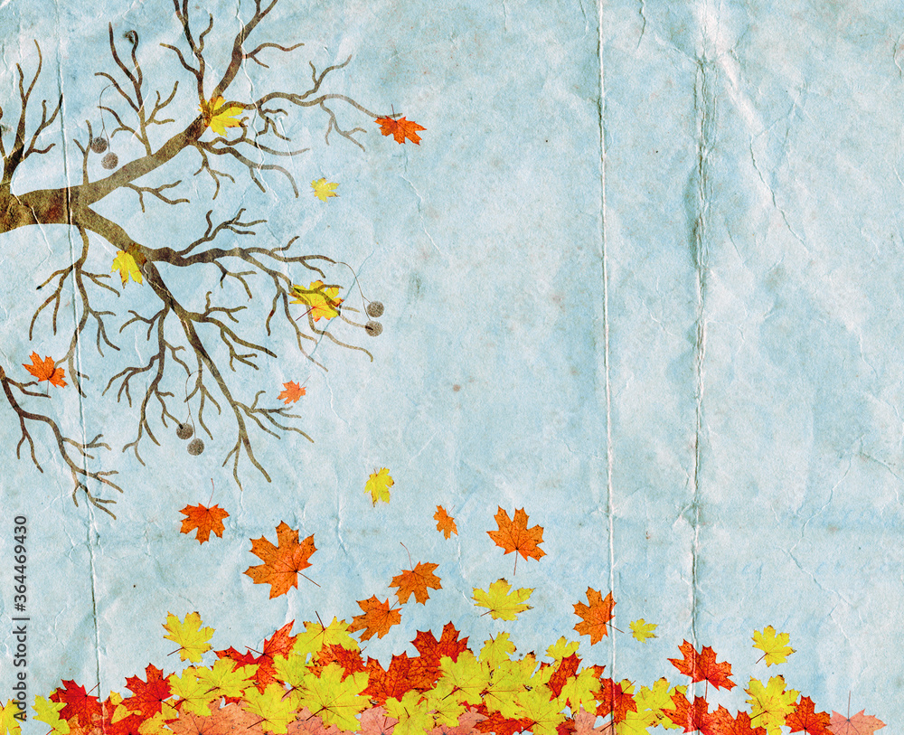 autumn maple tree and fallen leaves vintage illustration