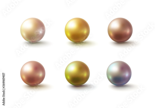 Pearl glossy beads isolated on white background. Gold rose, golden perl balls. Vector 3d metal sphere, shiny capsules photo