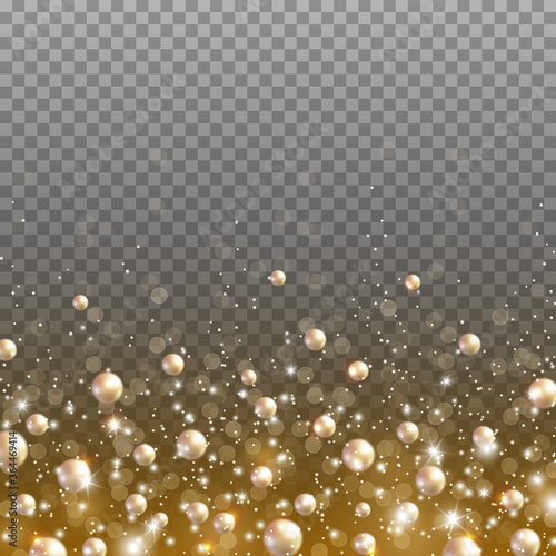 Gold glitter particles and light effect sparks isolated on transparent background. Vector glow golden shimmer confetti texture with pearl glossy beads for Christmas, New Year luxury card design.