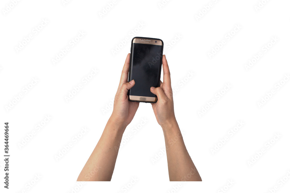 hand using smartphone isolated on white background ,crop image hand using smartphone isolated on white background ,crop image